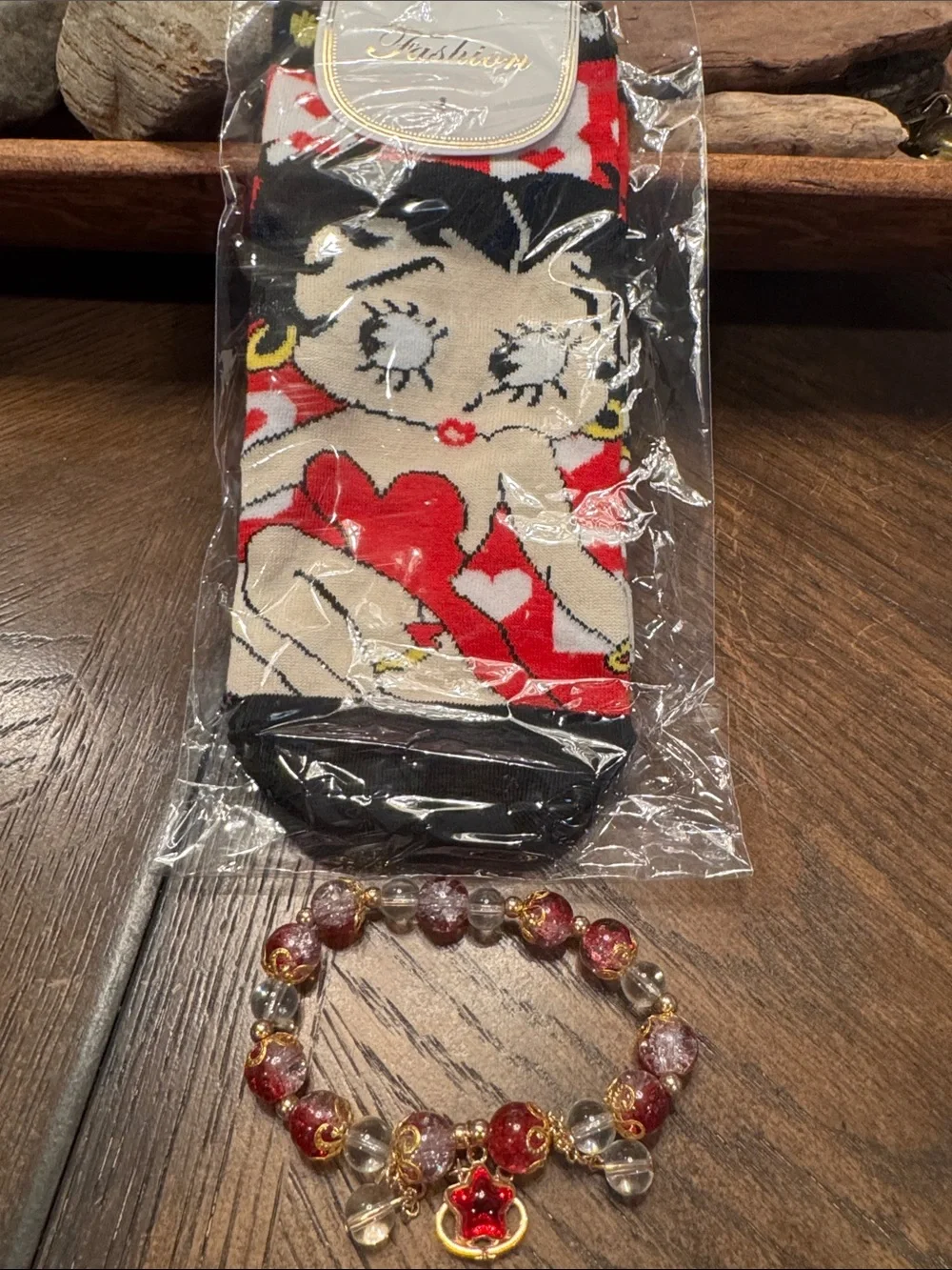 Betty Boop Red, Black & White Heart Crew Socks with Red Charm Bracelet